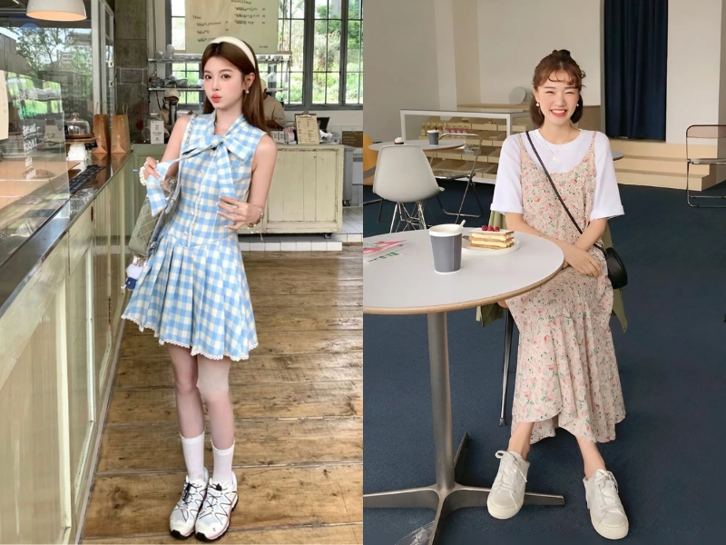 Phối đồ giày thể thao với đầm caro hoặc hoa vintage