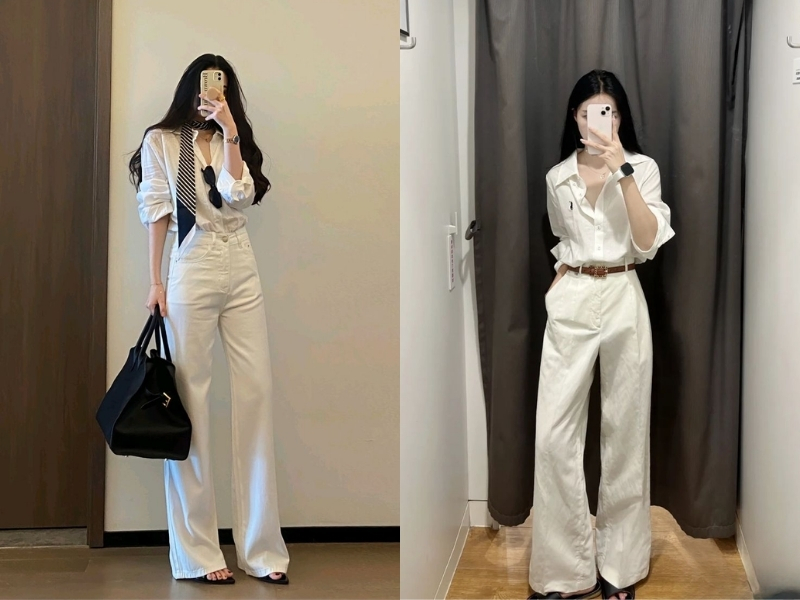 Phối áo sơ mi trắng và quần jean trắng