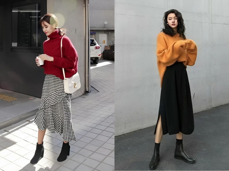 Phối đồ với giày boot nữ cổ thấp cùng chân váy dài
