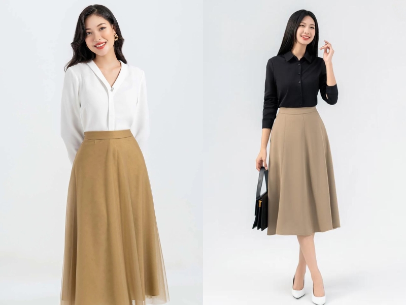 chân váy be mix với áo sơ mi