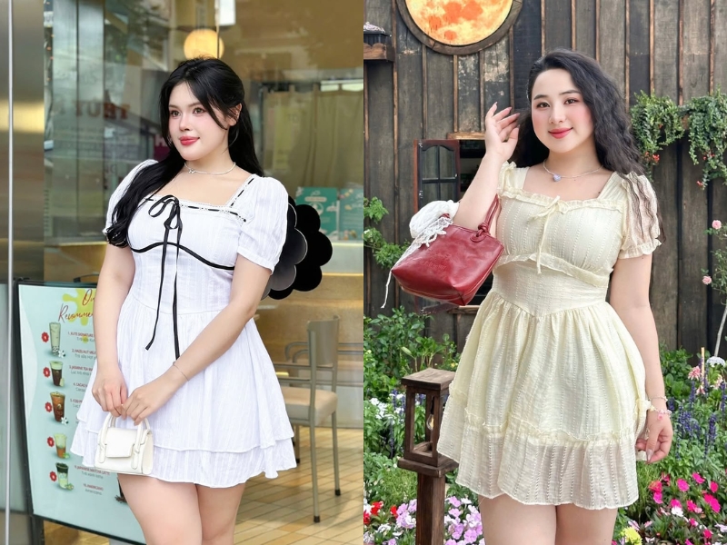 đầm cổ vuông đi đám cưới cho nữ mập tôn dáng