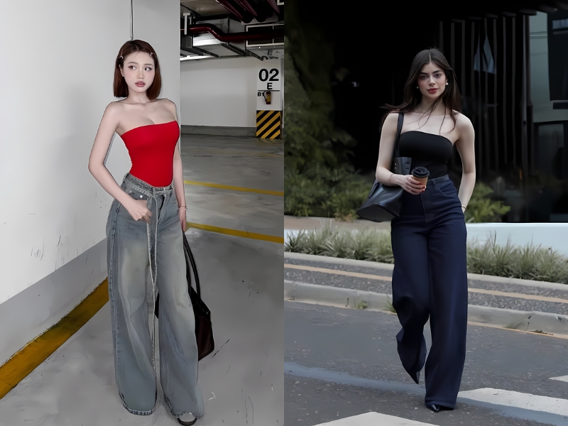 outfit quần jeans ống rộng với áo tube