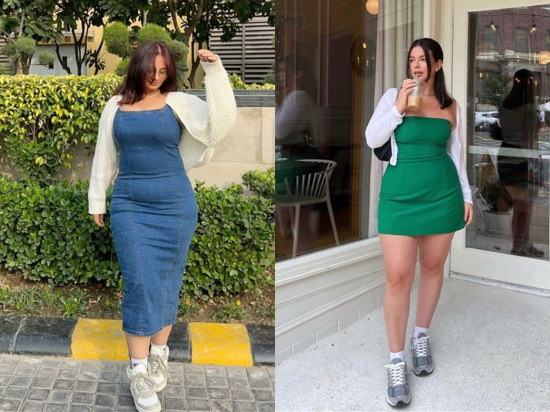 Phối áo cardigan và đầm hai dây cho nữ chubby