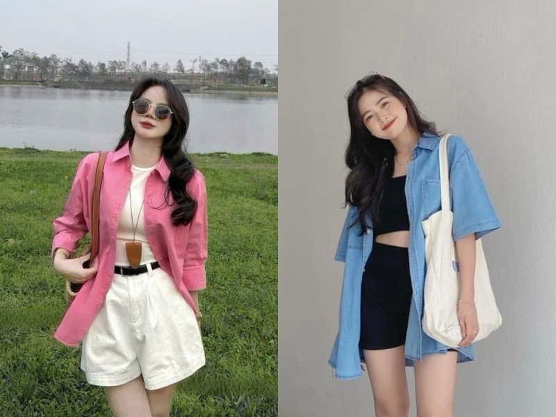 phối áo sơ mi với áo thun và quần short