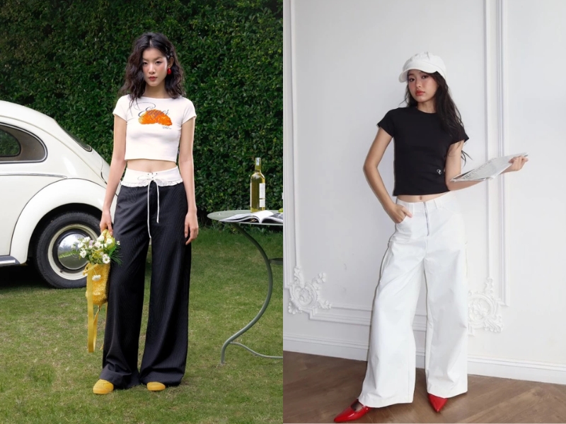 Phối đồ cho người gầy với Áo croptop kết hợp quần ống rộng