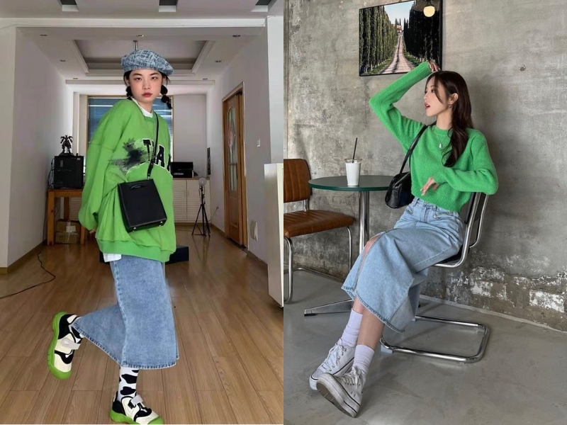 Phối đồ với áo xanh lá và chân váy jeans