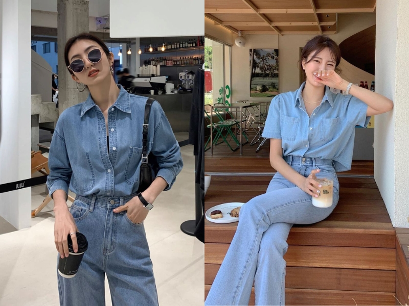 áo sơ mi nữ màu xanh dương và quần jean