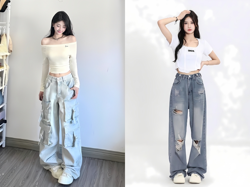 Áo croptop ôm sát mix cùng quần jean ống rộng