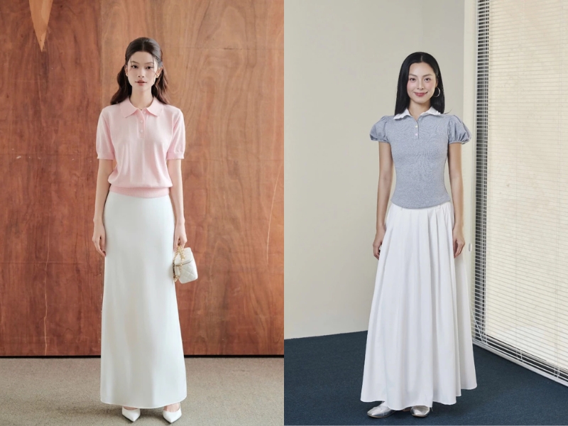 phối đồ với áo polo cùng chân váy chữ A dáng dài