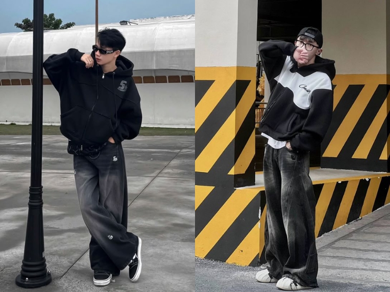 Áo hoodie và quần ống rộng nam