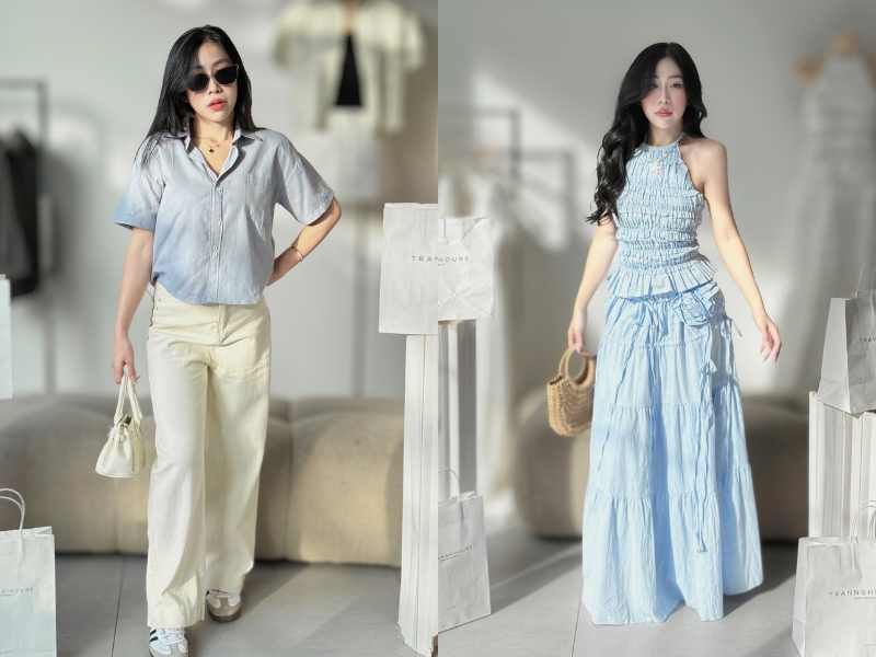 phối đồ màu xanh dương với váy hoặc quần