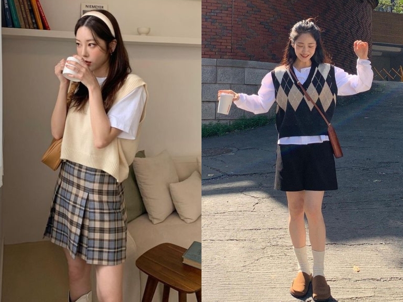 Chân váy chữ A kết hợp cùng áo gile len 