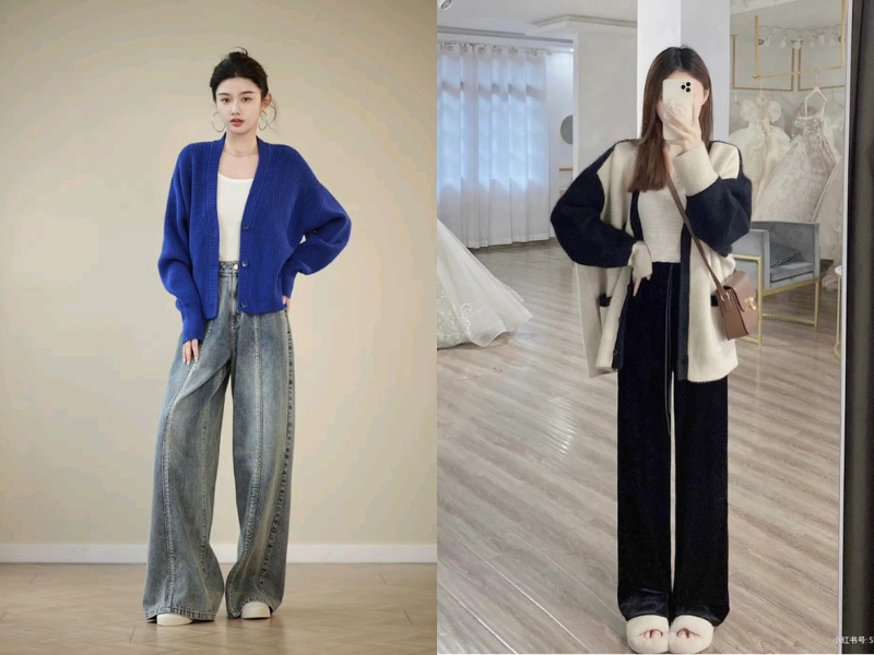 Cách phối áo len cardigan với áo thun và quần dài
