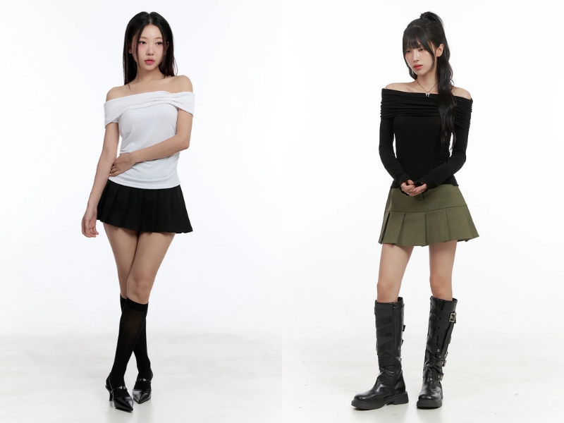 Phối chân váy xếp ly ngắn phối áo trễ vai