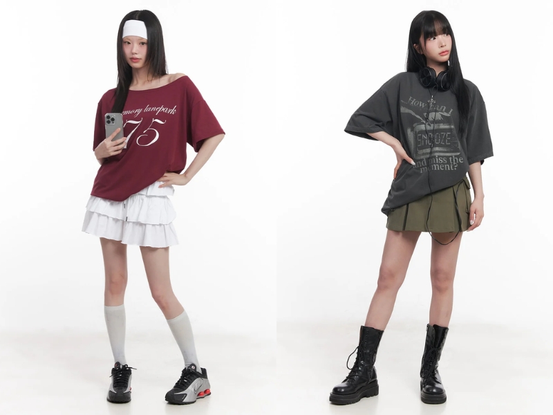 Phối đồ với áo thun và chân váy ngắn