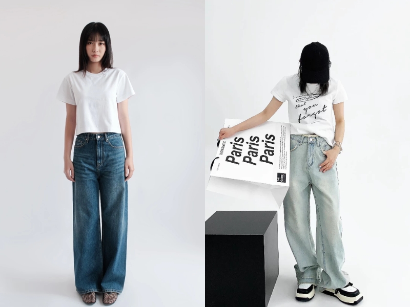 Phối đồ basic nữ với áo thun trắng và quần jean 