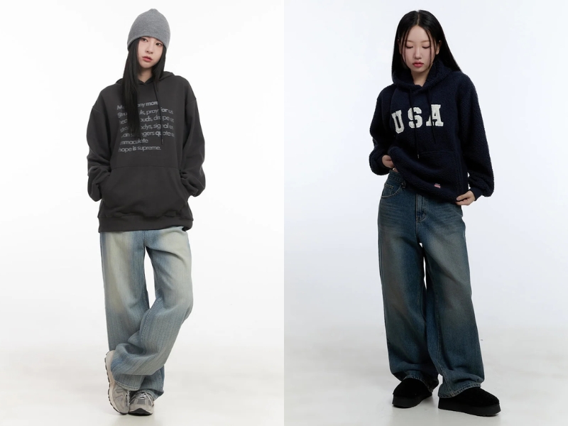 Áo hoodie phối cùng quần jean