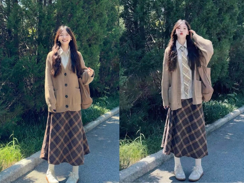 Phối áo cardigan với áo sơ mi và chân váy