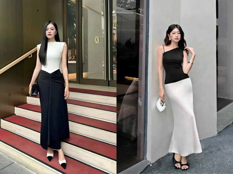 Outfit đi đám cưới cho nữ với áo top kết hợp váy lụa 