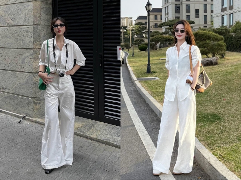 Phối áo sơ mi trắng kiểu với quần jean trắng ống suông