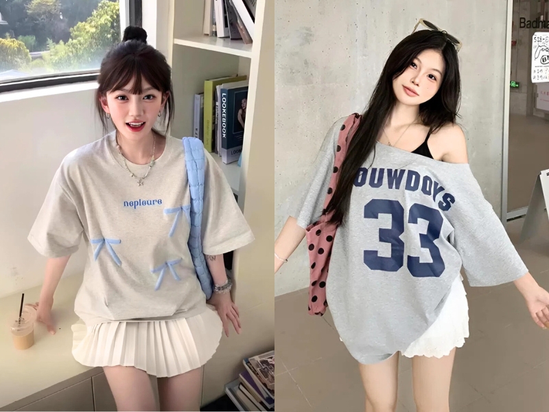 Phối áo màu xám cùng chân váy màu trắng