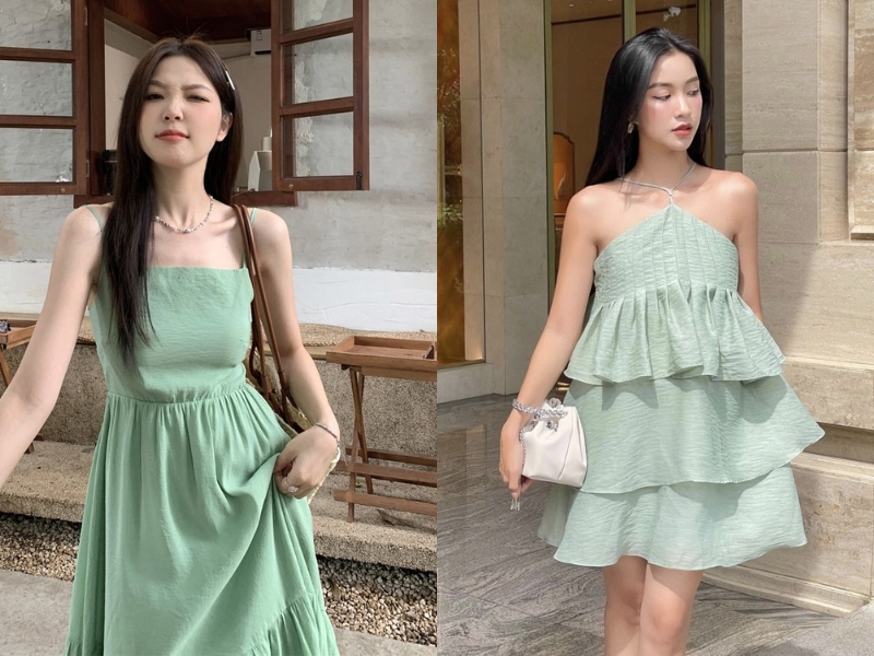 Phối đầm màu xanh lá pastel 