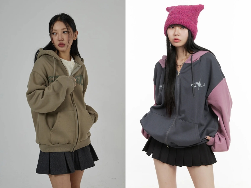 Áo hoodie zip phối cùng chân váy