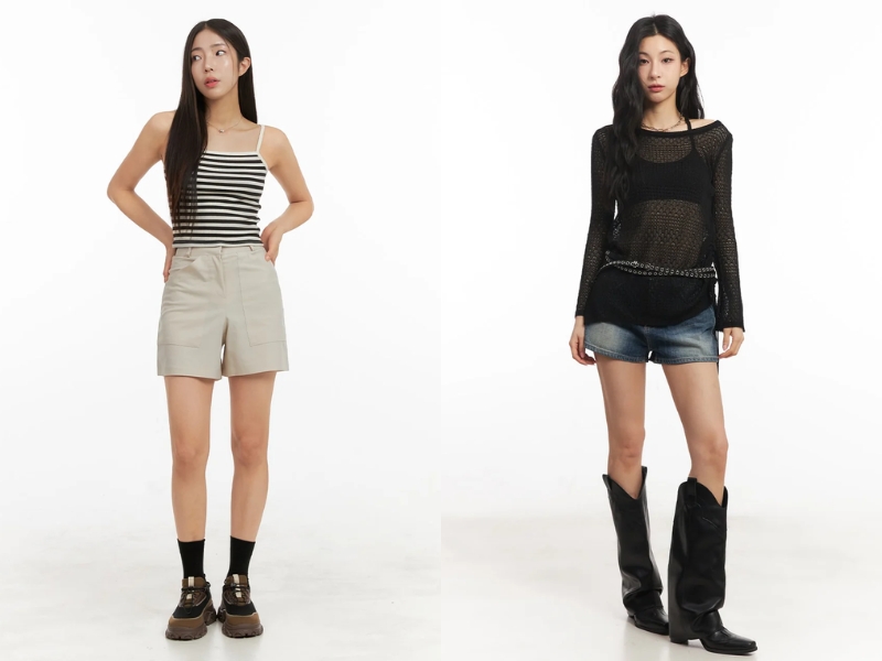 phối đồ với quần short và áo hai dây hoặc áo tay dài