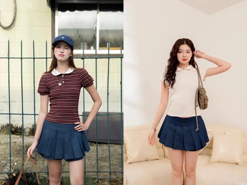 Áo polo phối đồ cùng chân váy tennis