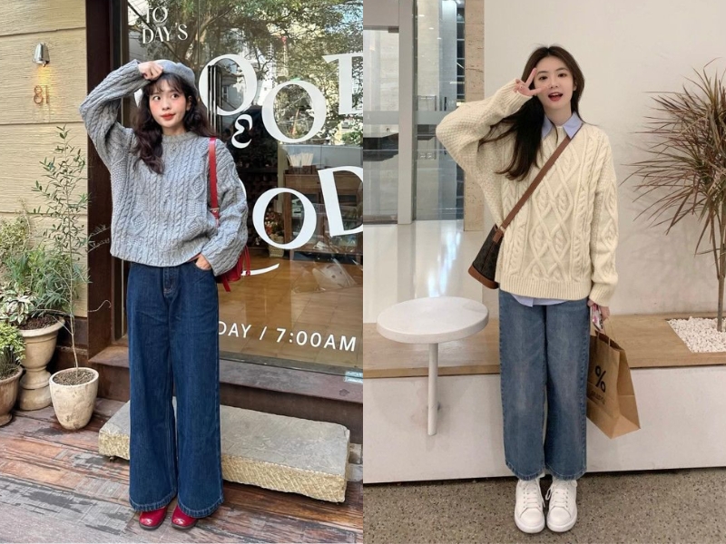 Áo len phối với quần jean