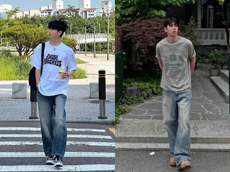 Áo thun oversize và quần jeans ống rộng