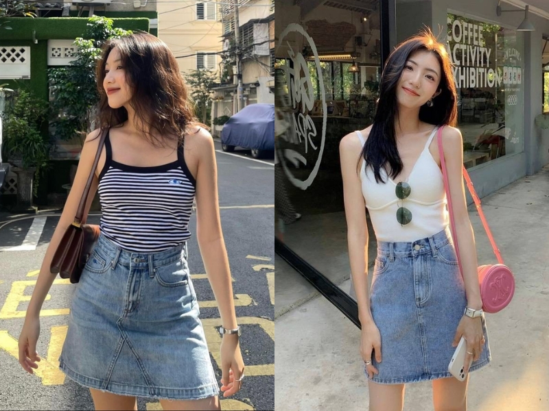 Phối áo tank top với váy jean ngắn chữ A 