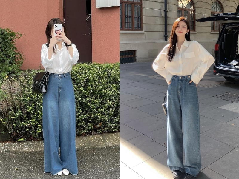 Phối áo sơ mi trắng với quần jean 