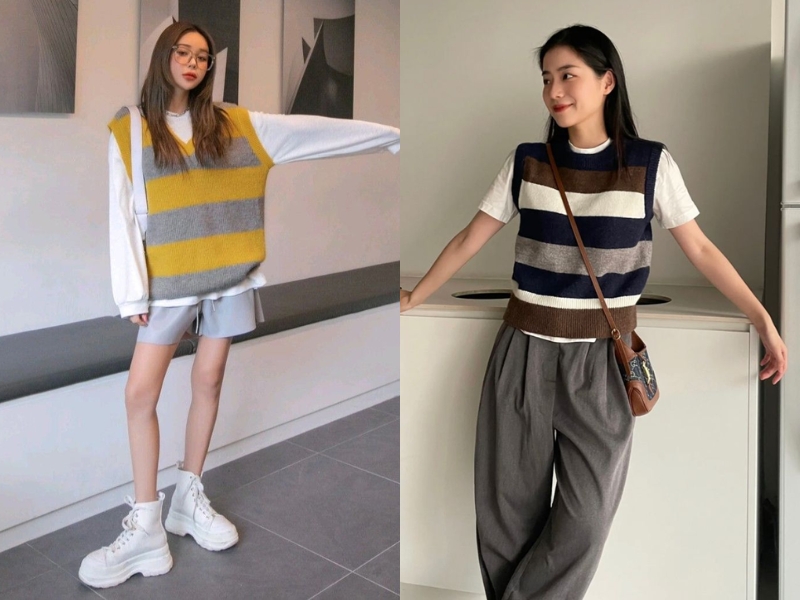 phối đồ với áo len gile kẻ sọc