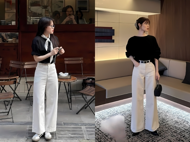 Áo thun đen form vừa phối với quần jean trắng nữ
