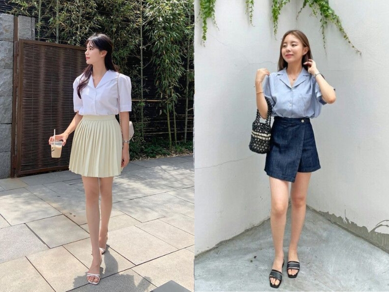 áo mi tay ngắn với chân váy ngắn.