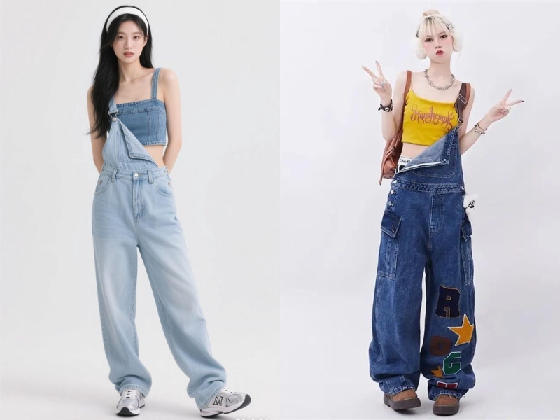 Phối áo hai dây và quần yếm 