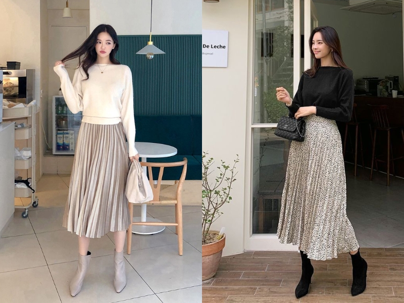 Phối đồ với sweater và chân váy dài