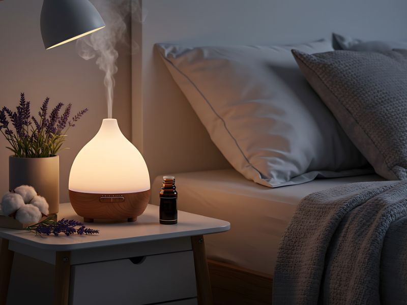 Căn phòng ngủ được thắp sáng bằng máy khuếch tán tinh dầu có đèn