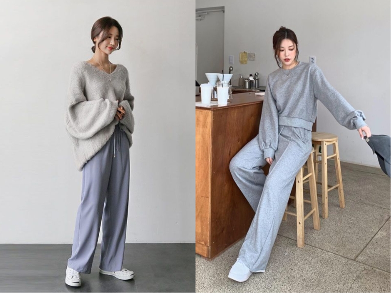 phối đồ nữ da ngăm với set đồ màu xám