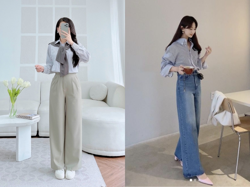 phối đồ với áo sơ mi kẻ dọc