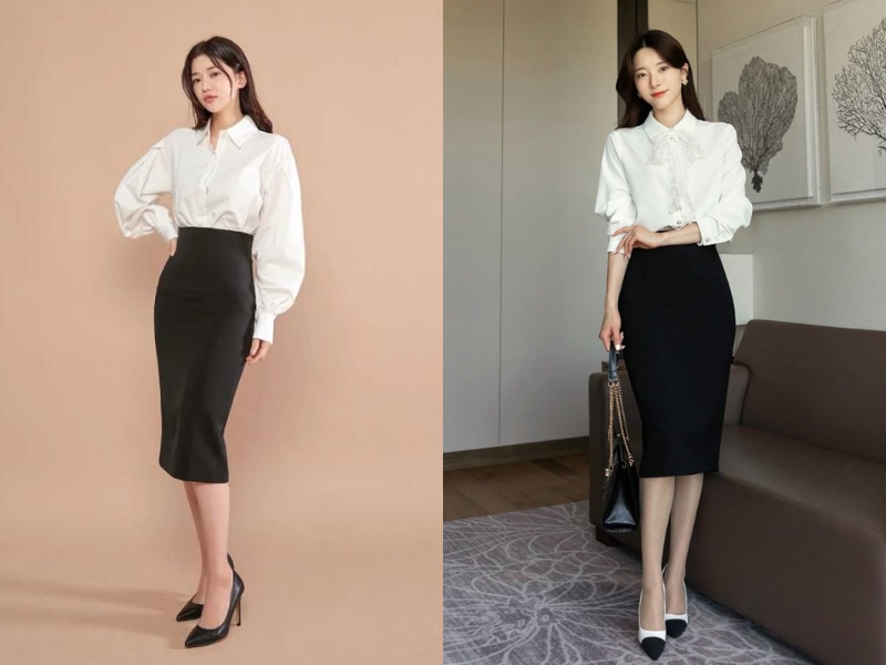 Phối đồ với áo sơ mi trắng nữ cùng chân váy