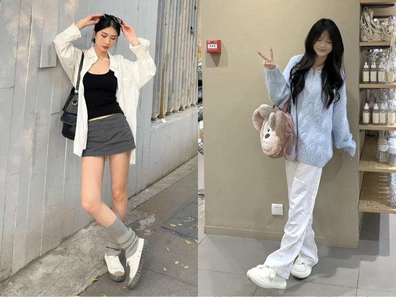 phối giày sneaker trắng cùng áo sơ mi