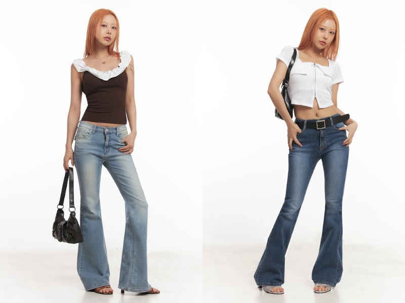 Phối quần ống loe với áo thun cổ vuông croptop
