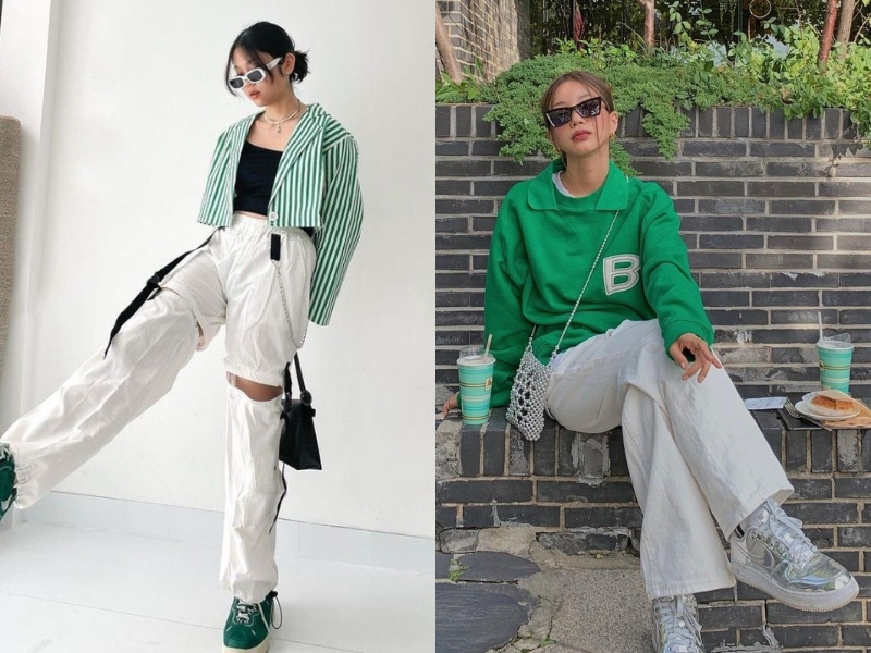 Áo xanh lá phối quần màu trắng 