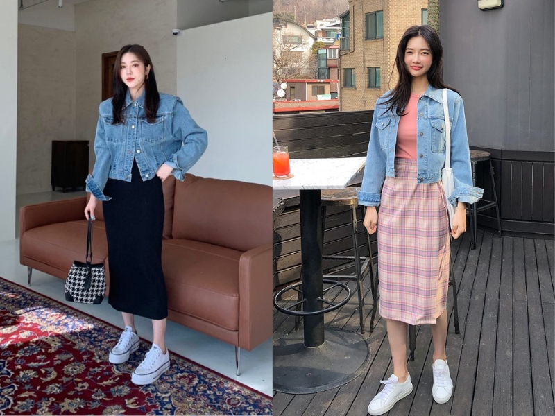 Áo jacket chất liệu jeans phối cùng chân váy