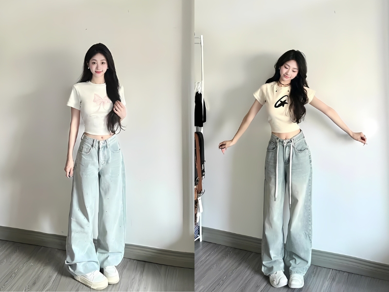 Áo croptop ôm sát mix cùng quần jean ống rộng