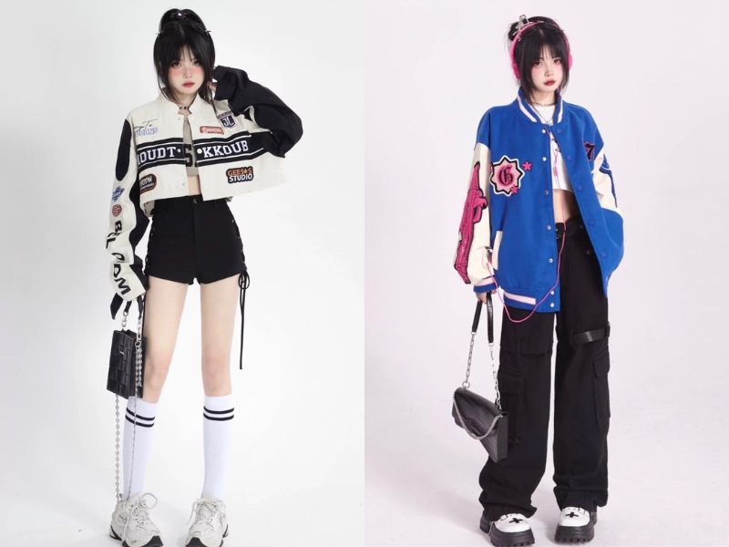 phối đồ với áo bomber nữ cùng áo croptop bên trong