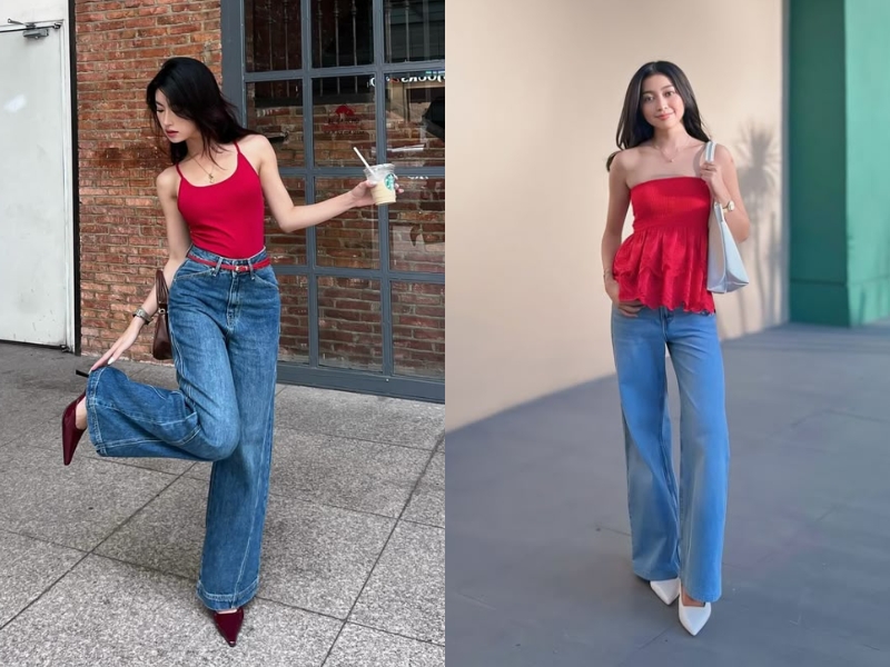 Phối áo sơ mi đỏ với quần jeans
