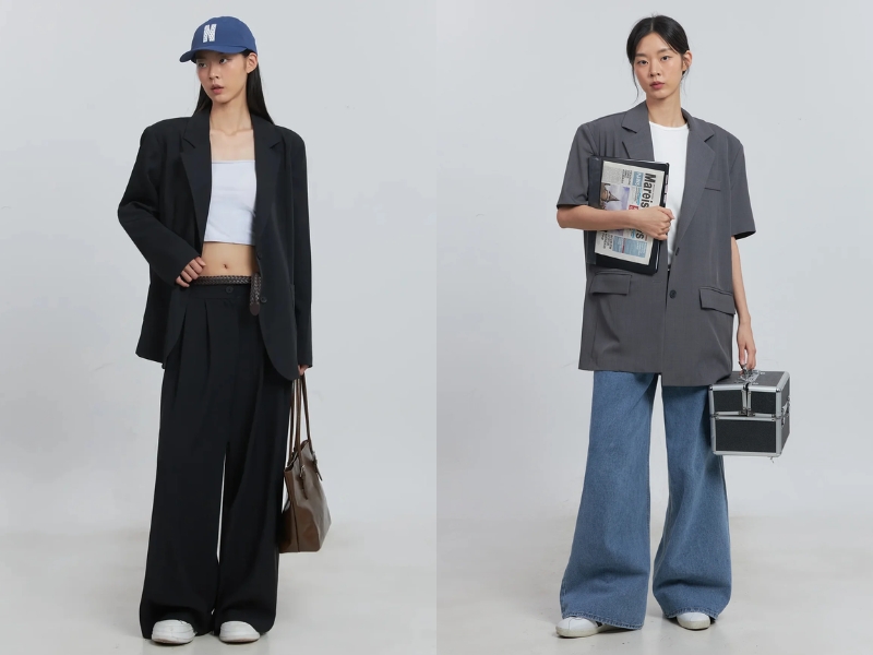 phối áo blazer và quần ống rộng cho người lùn